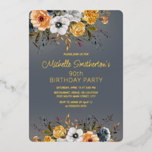 Invitation En Aluminium Bleu Poussiéreux Jaune Floral 90e Anniversaire