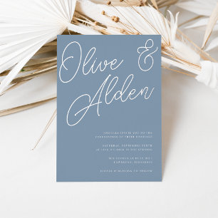 Invitation En Aluminium Bleu Poussiéreux Mariage Écriture Argentée