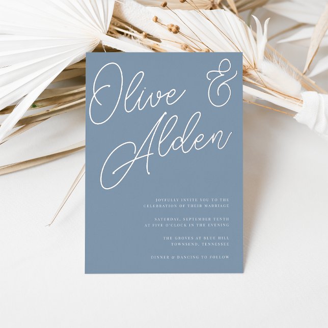 Invitation En Aluminium Bleu Poussiéreux | Mariage Écriture Argentée (Créateur téléchargé)