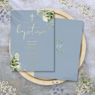 Invitation En Aluminium Bleu Poussiéreux Monogramme de Baptême de Verdure
