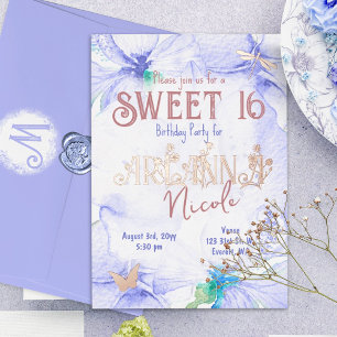 Invitation En Aluminium Bleu, Rose Gold Sweet 16 lettres de fleurs sauvage