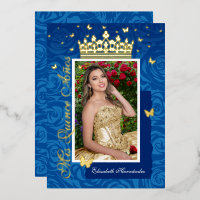 Bleu Royal Élégant Photo Quinceañera Or