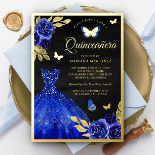 Invitation En Aluminium Bleu Royal Floral Papillon Noir Quinceanera Or
