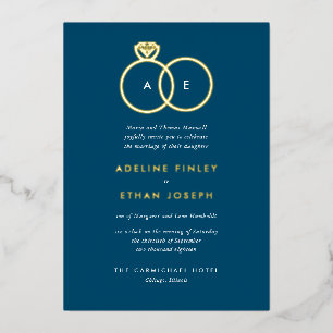 Invitation En Aluminium Bleu Simple Moderne Anneaux Monogramme Mariage