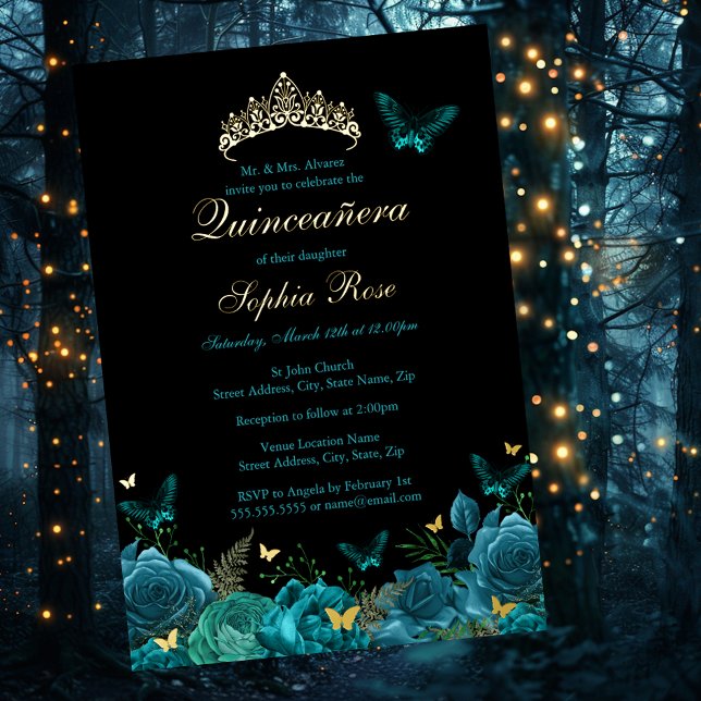 Invitation En Aluminium Bleu turquoise Papillon Floral Tiara Quinceanera (Créateur téléchargé)