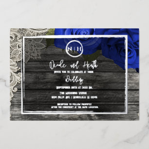 Invitation En Aluminium Bleus Roses Bois & Dentelle Élégant Mariage Rustiq