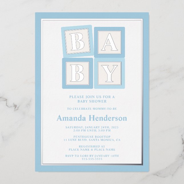 Invitation En Aluminium Blocs Bébé Bleu Baby shower garçon (Recto)