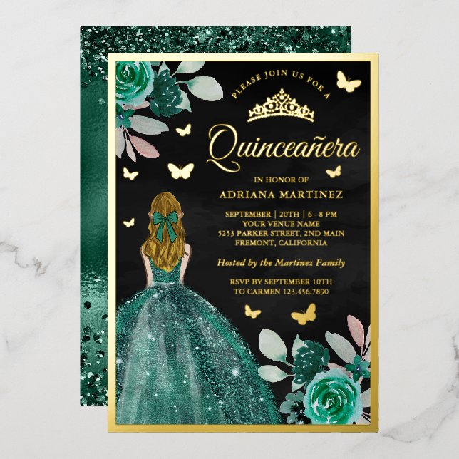 Invitation En Aluminium Blonde Emerald Robe papillon Quinceanera Or (Recto/Verso)
