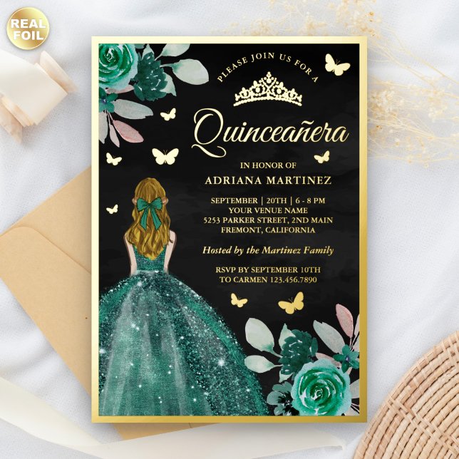 Invitation En Aluminium Blonde Emerald Robe papillon Quinceanera Or (Créateur téléchargé)