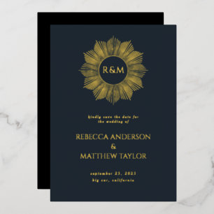 Invitation En Aluminium Blue Boho Celestial Sun Monogramme Date de sauvega
