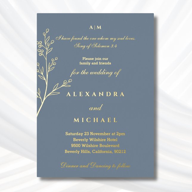 Invitation En Aluminium Blue Botanical Bible Verse Christian Wedding Gold (Créateur téléchargé)