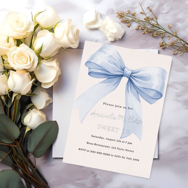 Invitation En Aluminium Blue bow crème beige élégant Sweet 16 argent (Créateur téléchargé)
