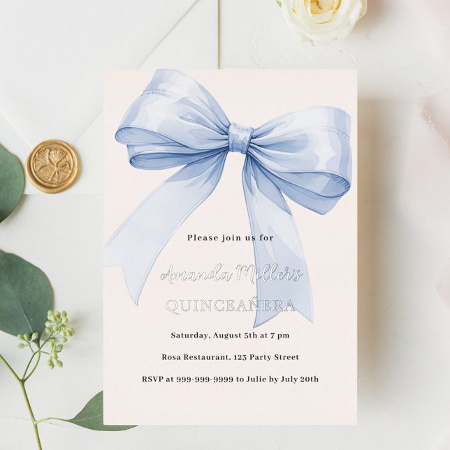 Invitation En Aluminium Blue bow crème élégante Quinceanera luxe argent (Créateur téléchargé)