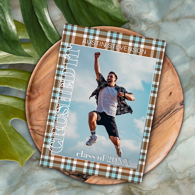 Invitation En Aluminium Blue Brown Plaid Gold Foil Graduation Announcement (Créateur téléchargé)