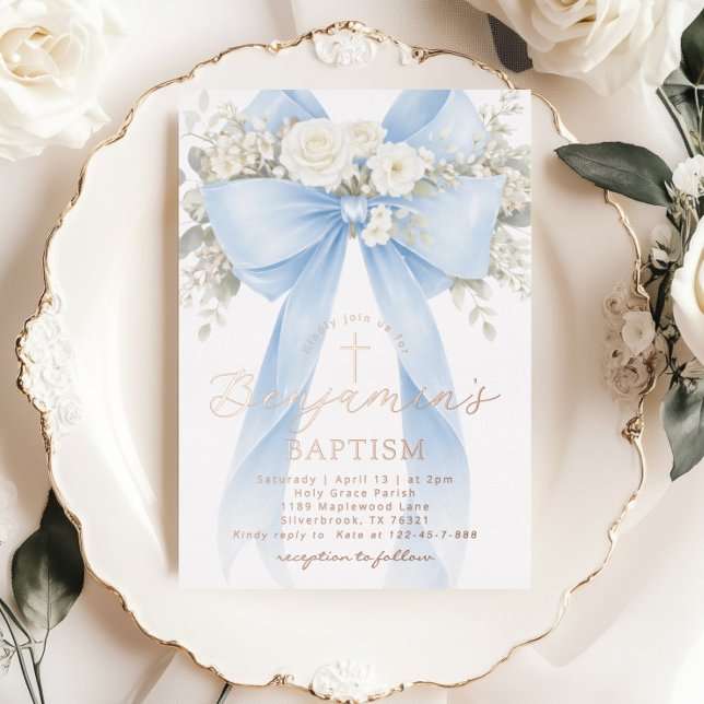 Invitation En Aluminium Blue Floral Eucalyptus Bow Boy Baptism (Créateur téléchargé)