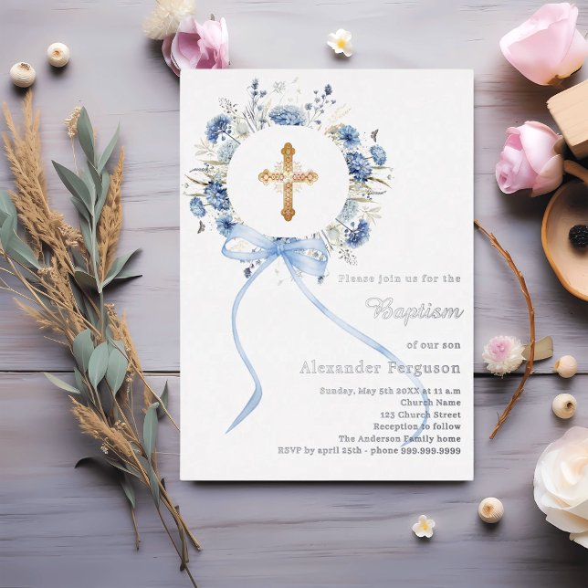 Invitation En Aluminium Blue floral wreath cross bow boy baptism silver (Créateur téléchargé)