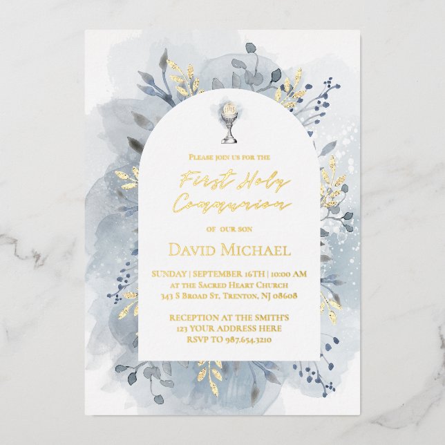 Invitation En Aluminium Blue foliage First Holy Communion (Recto)