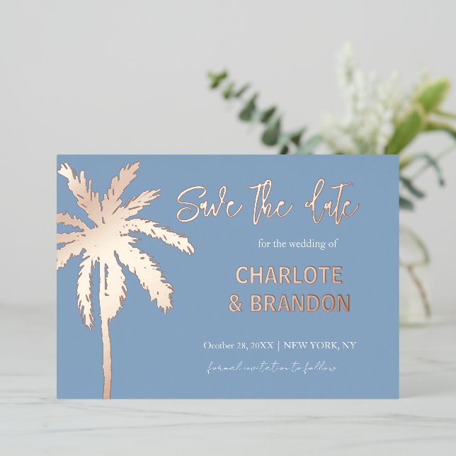 Invitation En Aluminium Blue Gold Palm Tree Beach Mariage Enregistrer La D (Debout devant)
