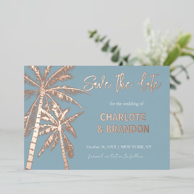 Invitation En Aluminium Blue Gold Palm Trees Beach Mariage Enregistrer La  (Debout devant)