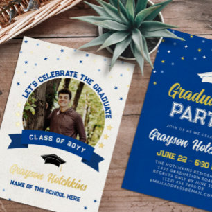 Invitation En Aluminium Blue Gold Stars Celebrate the Graduate Photo