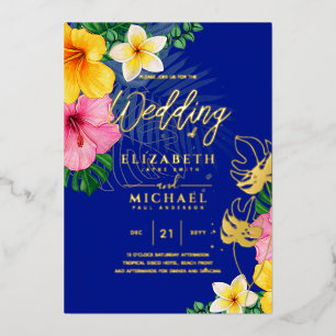 Invitation En Aluminium Blue Gold Tropical Leaf Destination Mariage