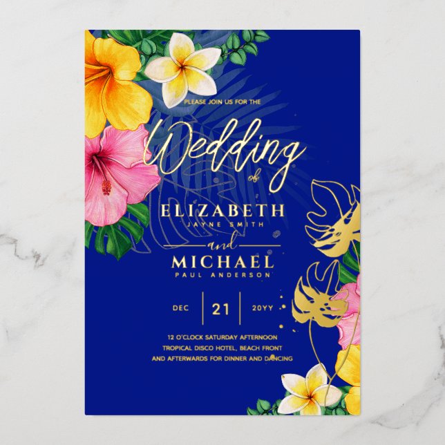 Invitation En Aluminium Blue Gold Tropical Leaf Destination Mariage (Recto)