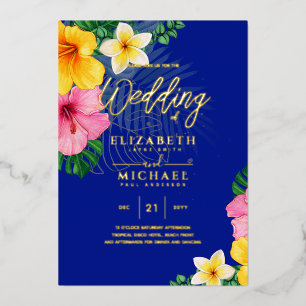 Invitation En Aluminium Blue Gold Tropical Leaf Destination Mariage