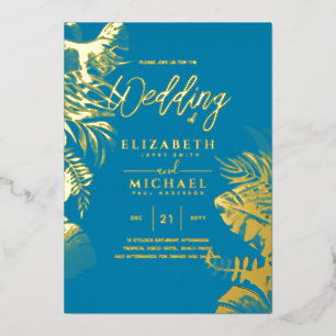 Invitation En Aluminium Blue Gold Tropical Leaf Destination Mariage