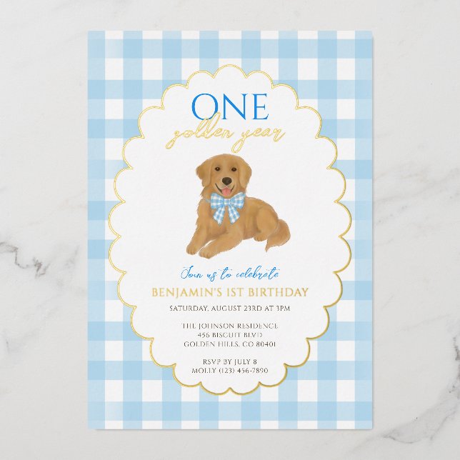 Invitation En Aluminium Blue Golden Retriever Puppy Pawty 1er anniversaire (Recto)