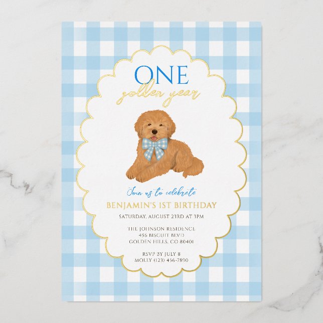 Invitation En Aluminium Blue Goldendoodle Puppy Dog Pawty 1st Birthday (Recto)