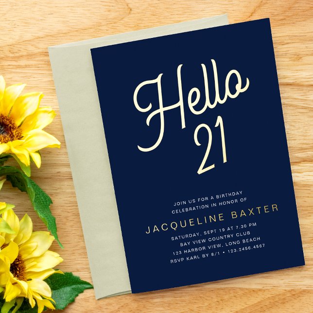 Invitation En Aluminium Blue Hello 21 Gold Script 21e fête d'anniversaire (Créateur téléchargé)
