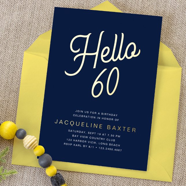Invitation En Aluminium Blue Hello 60 Gold Script 60e fête d'anniversaire (Créateur téléchargé)