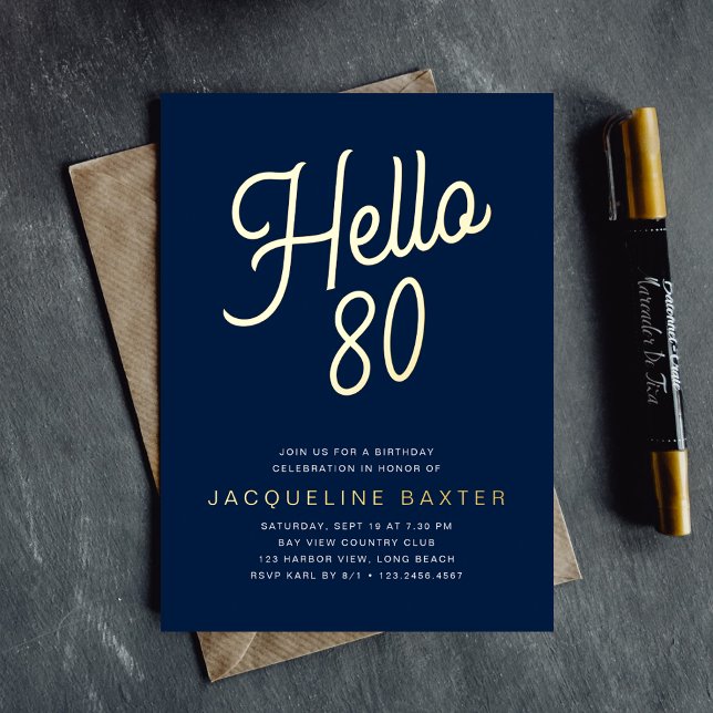 Invitation En Aluminium Blue Hello 80 Gold Script 80th Birthday Party (Créateur téléchargé)