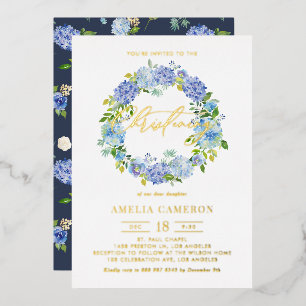 Invitation En Aluminium Blue Hydrangea Fleurs Wreath Christening