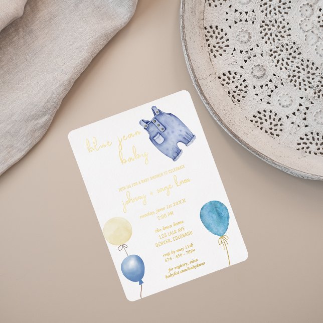 Invitation En Aluminium Blue Jean Baby | Baby shower moderne | ballons gon (Créateur téléchargé)
