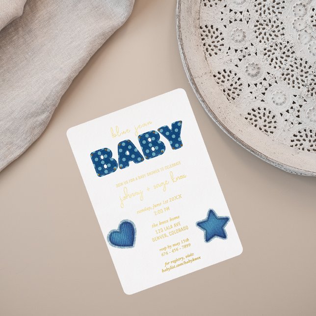Invitation En Aluminium Blue Jean Baby | Baby shower moderne | Patchwork (Créateur téléchargé)