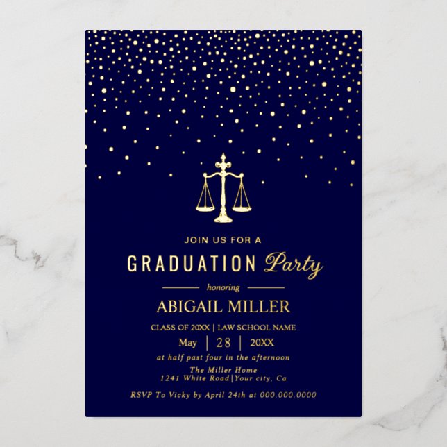 Invitation En Aluminium Blue Law school Class Of 2026 graduation confetti (Recto)