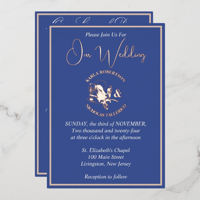 Invitation En Aluminium Blue Modern Floral Mariage Rose or (Recto/Verso)
