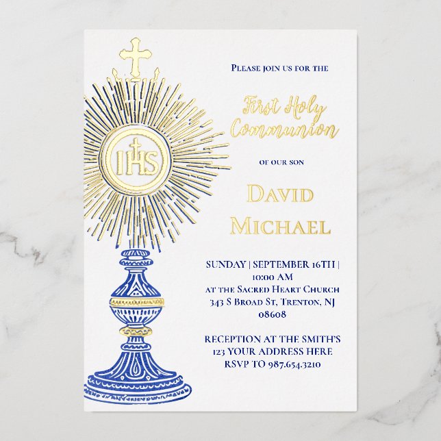 Invitation En Aluminium blue monstrance design | First Holy Communion (Recto)