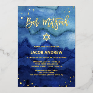 Invitation En Aluminium Blue Ombre Aquarelle et Gold Bar Mitzvah