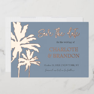 Invitation En Aluminium Blue Palm Trees Beach Wedding Enregistrer La Date