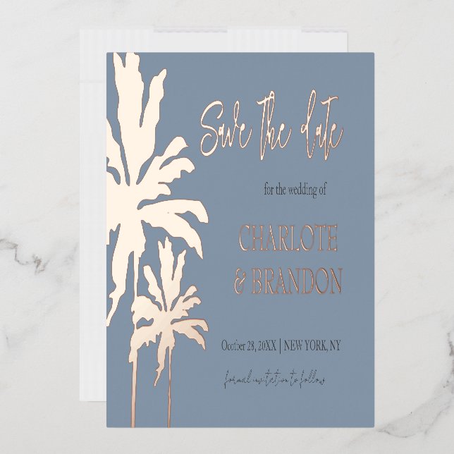 Invitation En Aluminium Blue Palm Trees Beach Wedding Enregistrer La Date  (Enveloppe)
