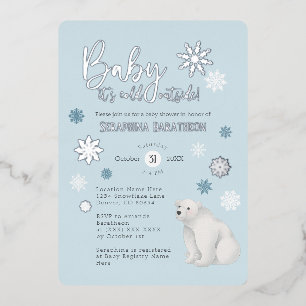 Invitation En Aluminium Blue Polar Bear Silver Foil Snowflake Baby shower