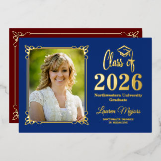 Invitation En Aluminium Blue, Red Gold FOIL Class of 2026 Photo Graduation