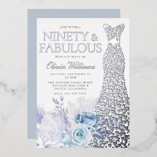 Invitation En Aluminium Blue Rose femmes 90e anniversaire fête Real Argent