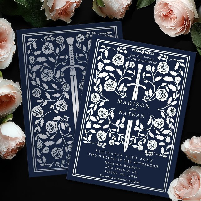 Invitation En Aluminium Blue Royal Medieval Silver Sword Wedding (Créateur téléchargé)