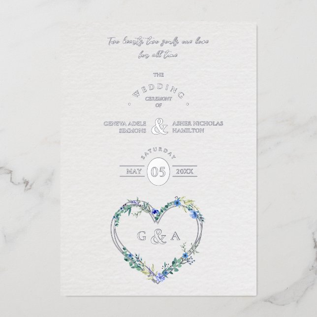 Invitation En Aluminium Blue Shades Heart Luxury Romantic Botanical Floral (Recto)