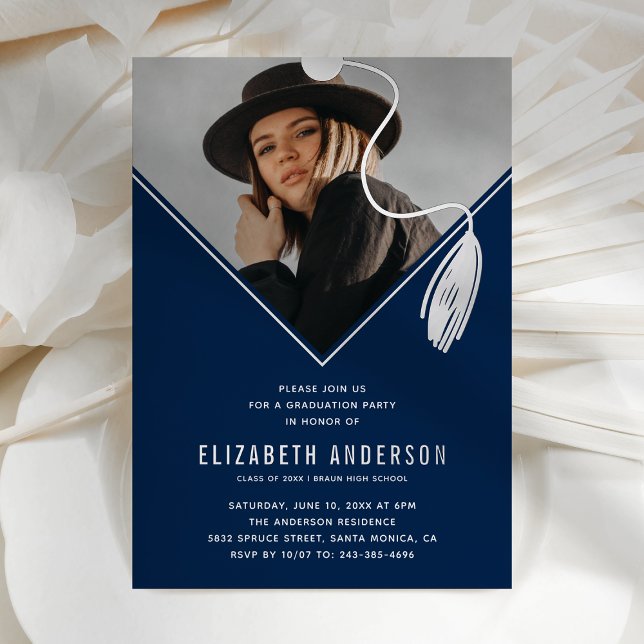 Invitation En Aluminium Blue Silver Tassel Casquette Photo Graduation Part (Créateur téléchargé)