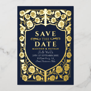 Invitation En Aluminium Blue Sword Shield Monogramme médiéval Enregistrer