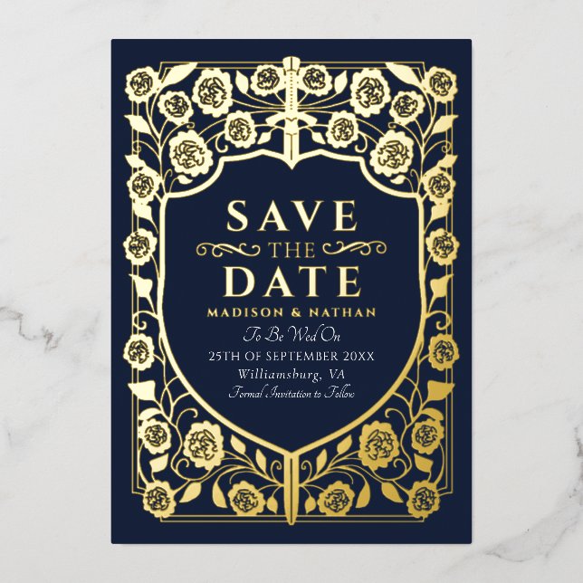 Invitation En Aluminium Blue Sword Shield Monogramme médiéval Enregistrer  (Recto)
